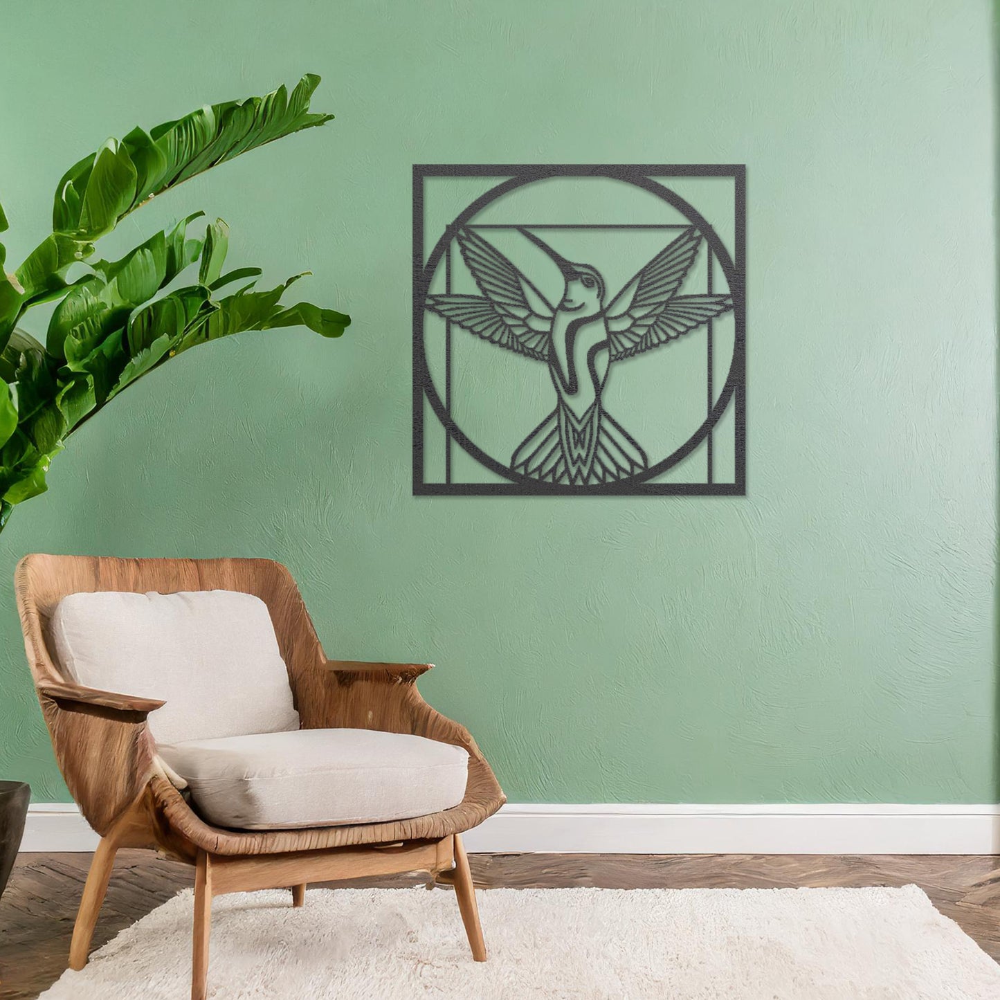 Geometric Hummingbird Wooden Wall Art - Modern Hanging Decor in Frame