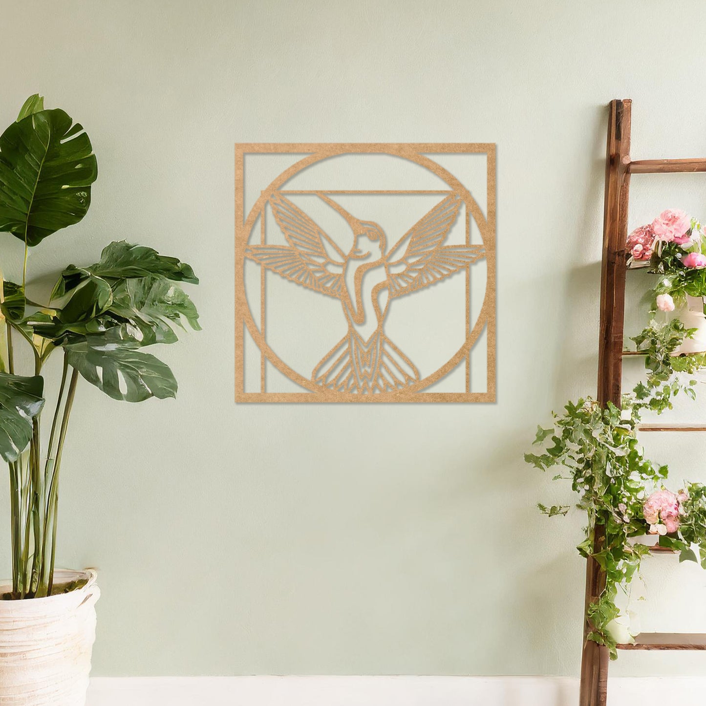 Geometric Hummingbird Wooden Wall Art - Modern Hanging Decor in Frame