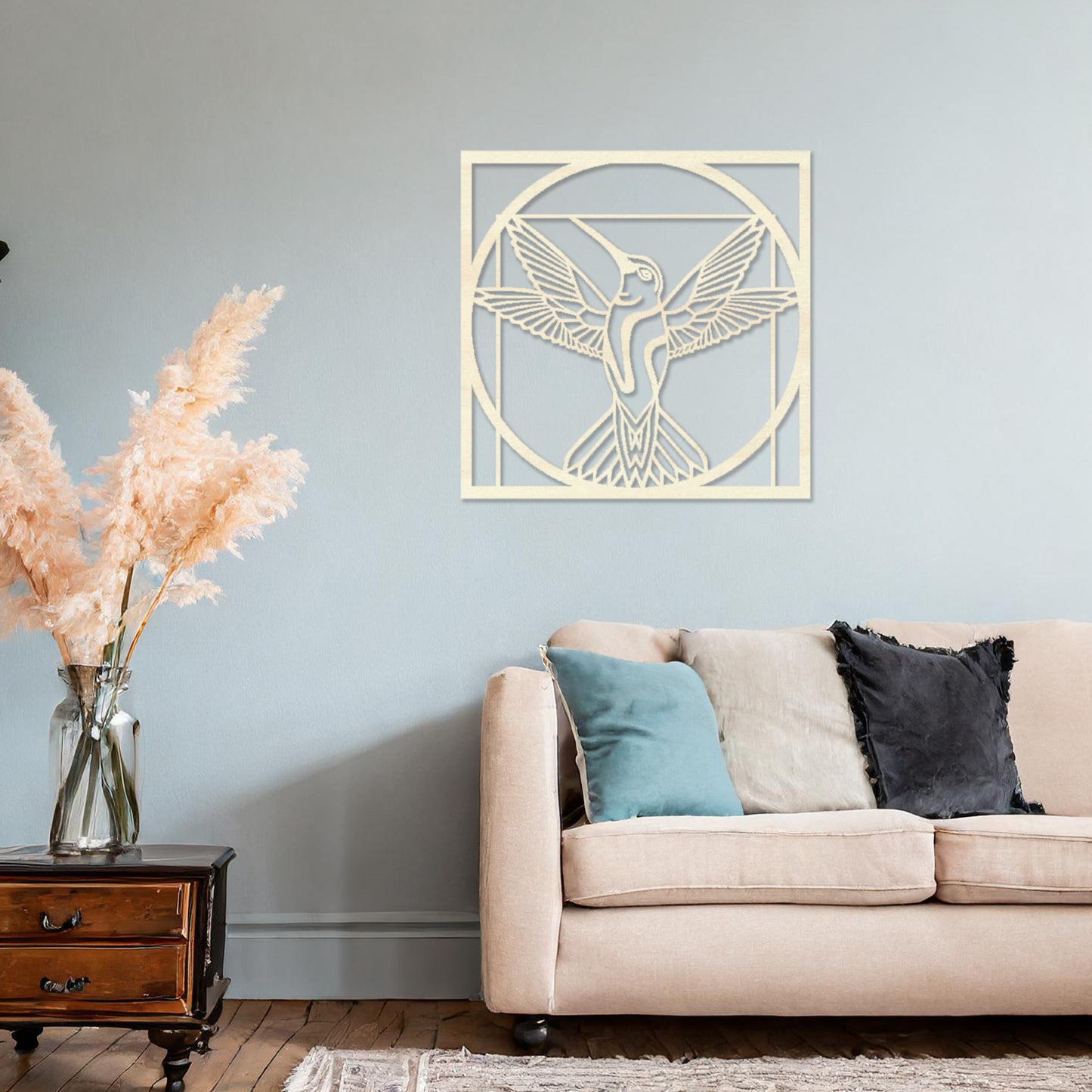 Geometric Hummingbird Wooden Wall Art - Modern Hanging Decor in Frame