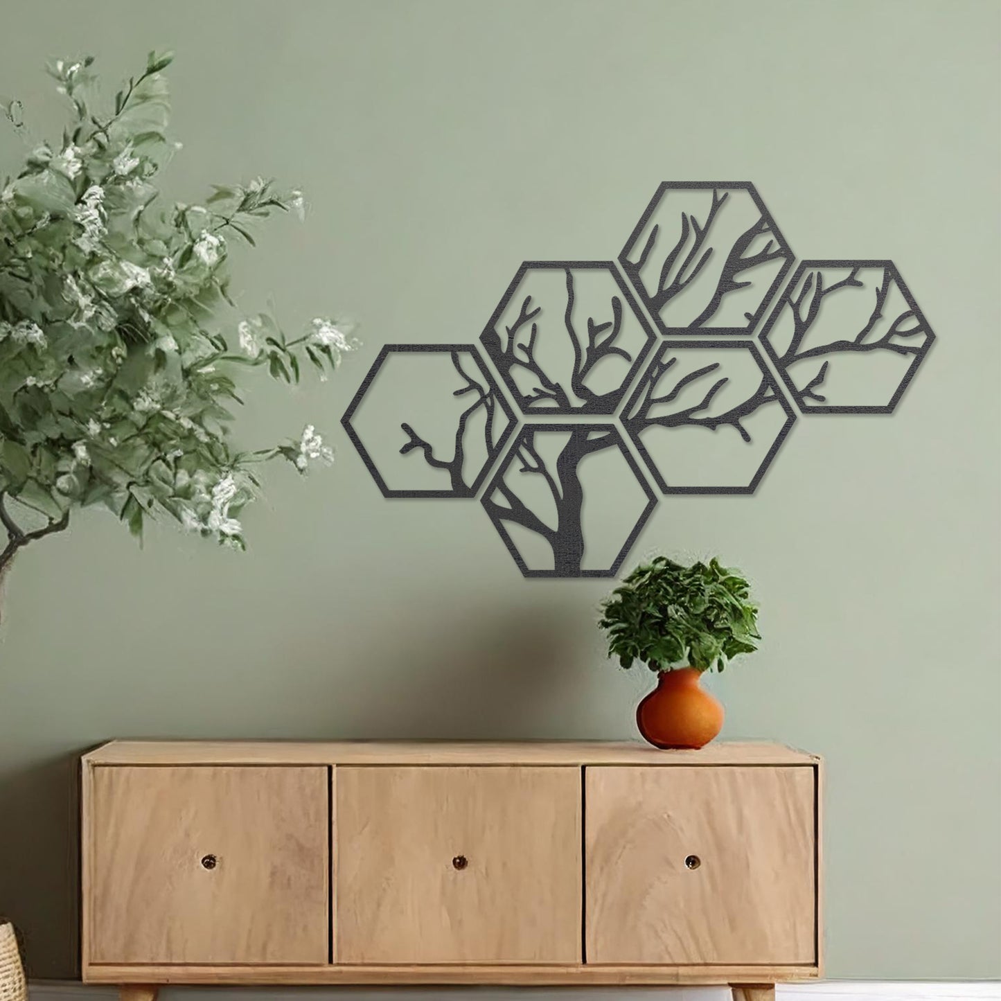 Modern Hexagonal Wooden Tree Wall Art Set - Geometric Decor Branch Design