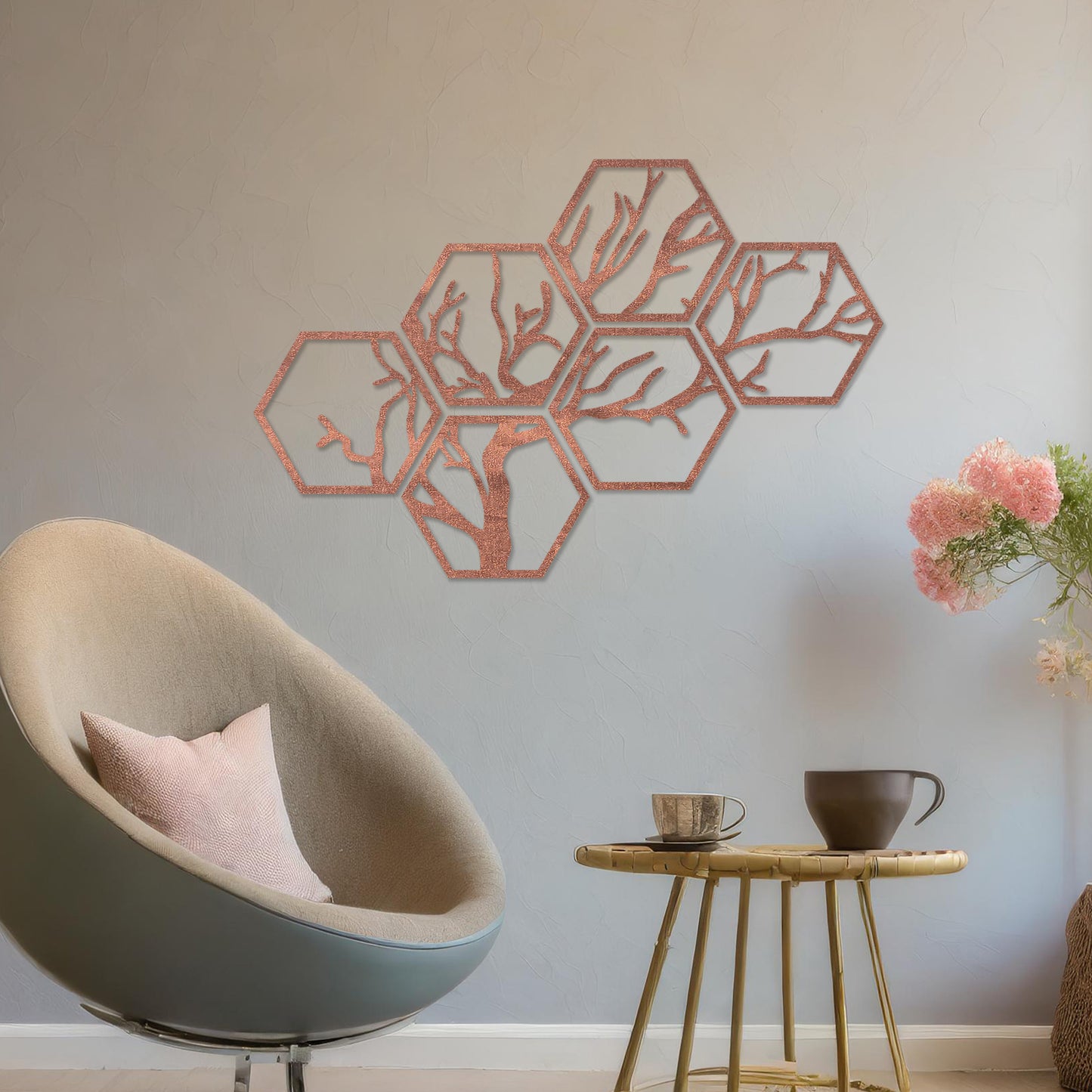 Modern Hexagonal Wooden Tree Wall Art Set - Geometric Decor Branch Design