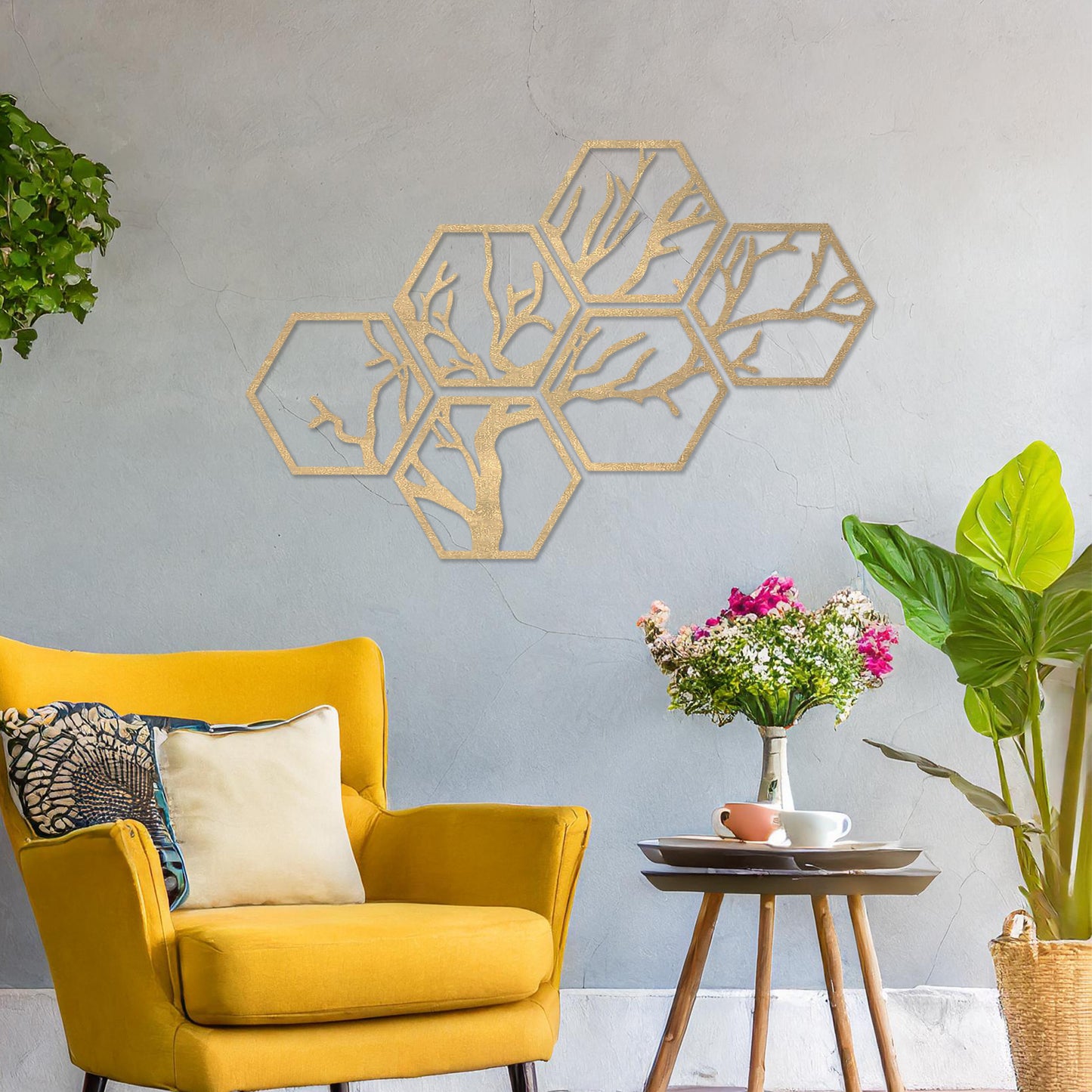 Modern Hexagonal Wooden Tree Wall Art Set - Geometric Decor Branch Design