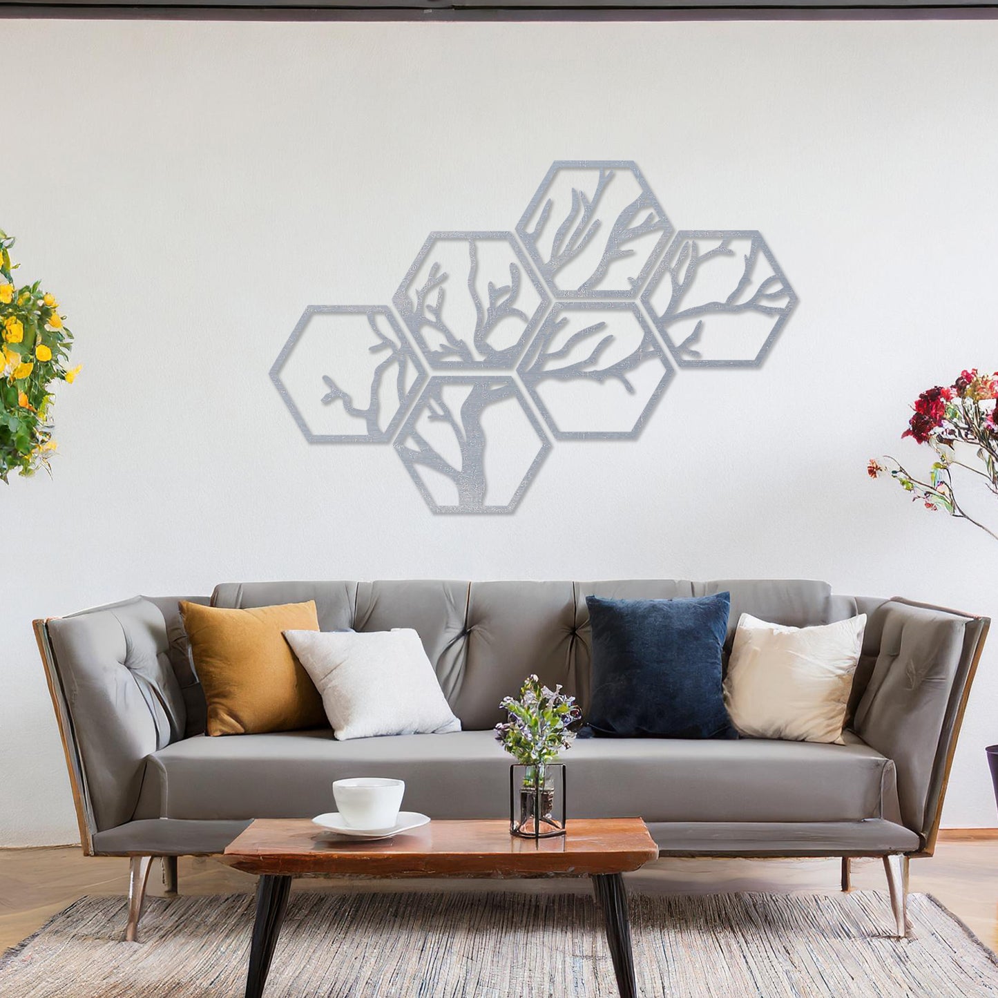 Modern Hexagonal Wooden Tree Wall Art Set - Geometric Decor Branch Design