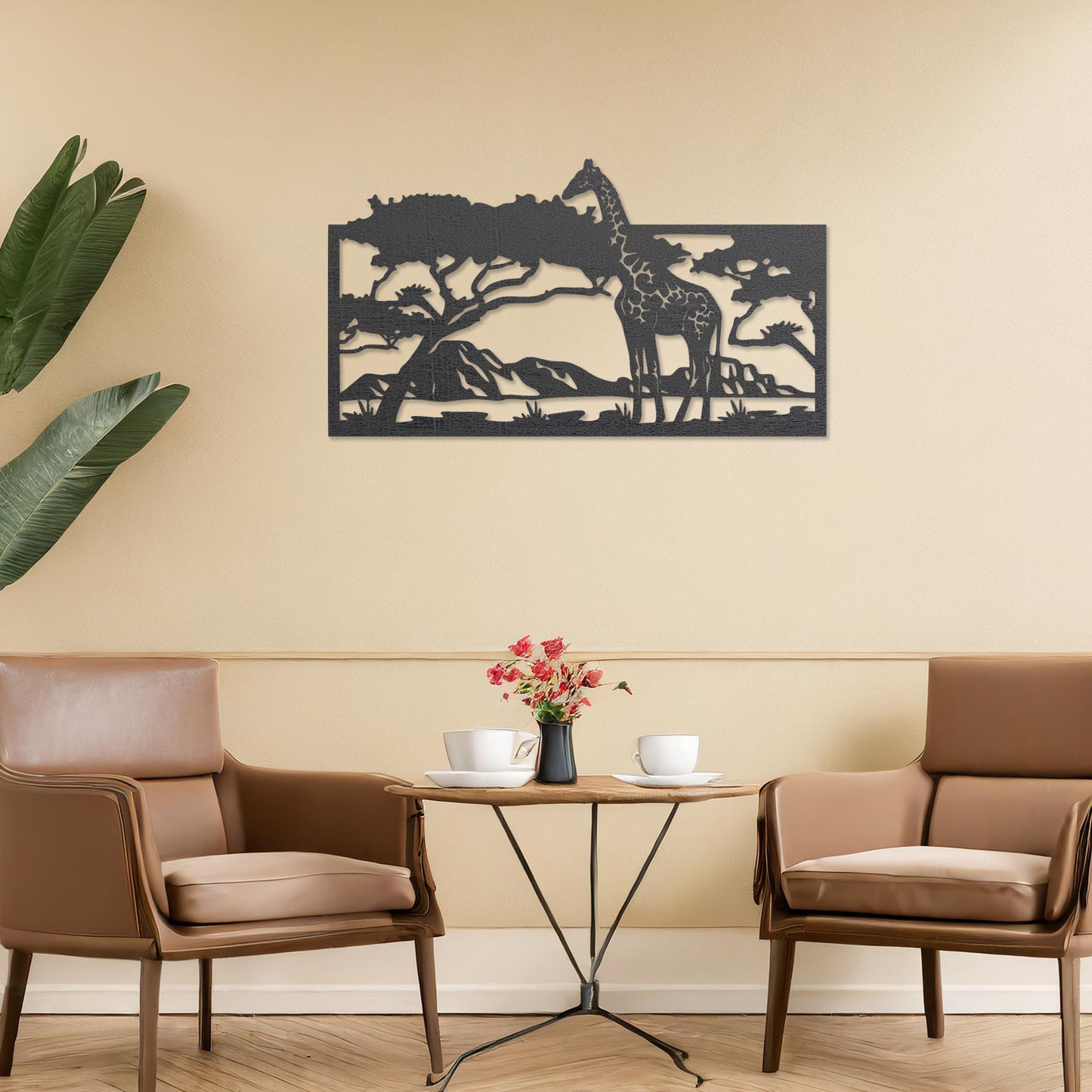 African Wooden Giraffe Art - Modern Safari Decor with Unique Tree Scene