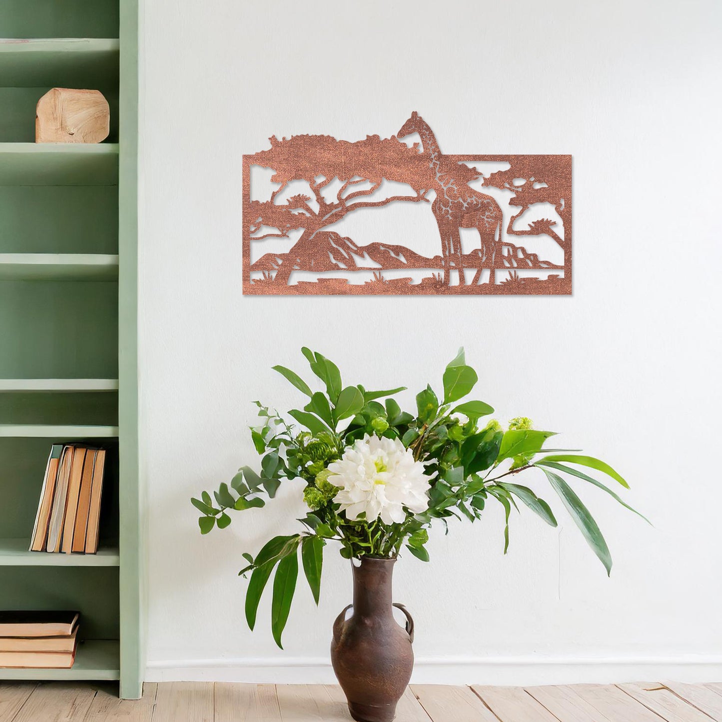 African Wooden Giraffe Art - Modern Safari Decor with Unique Tree Scene