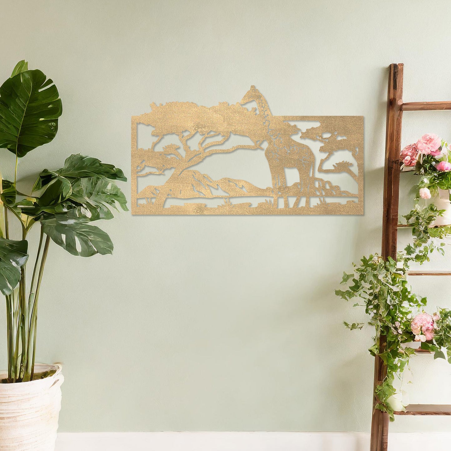 African Wooden Giraffe Art - Modern Safari Decor with Unique Tree Scene