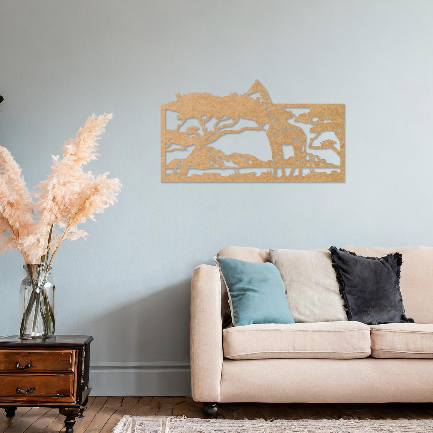 African Wooden Giraffe Art - Modern Safari Decor with Unique Tree Scene