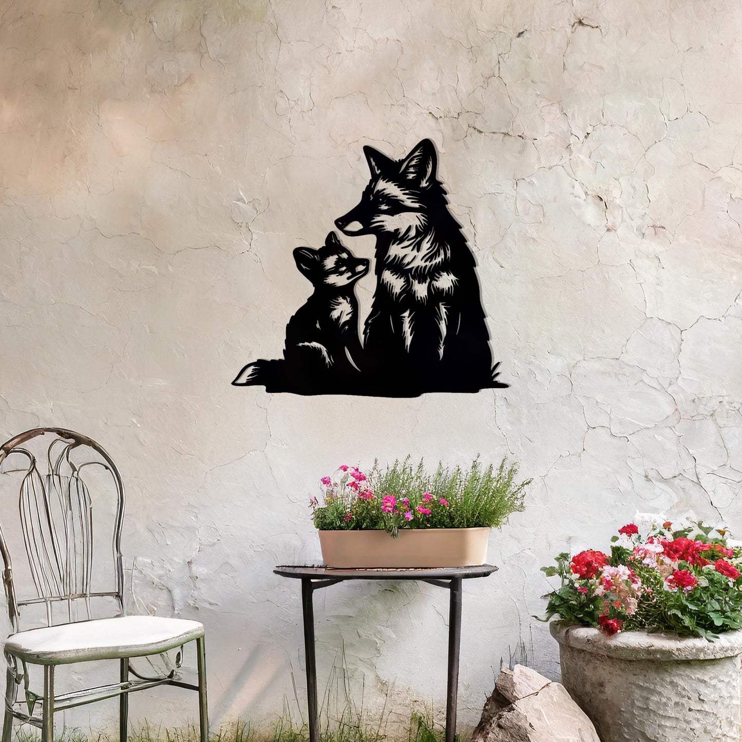 Charming Fox and Cub Metal Wall Art - Perfect Gift for Garden Decor Lovers