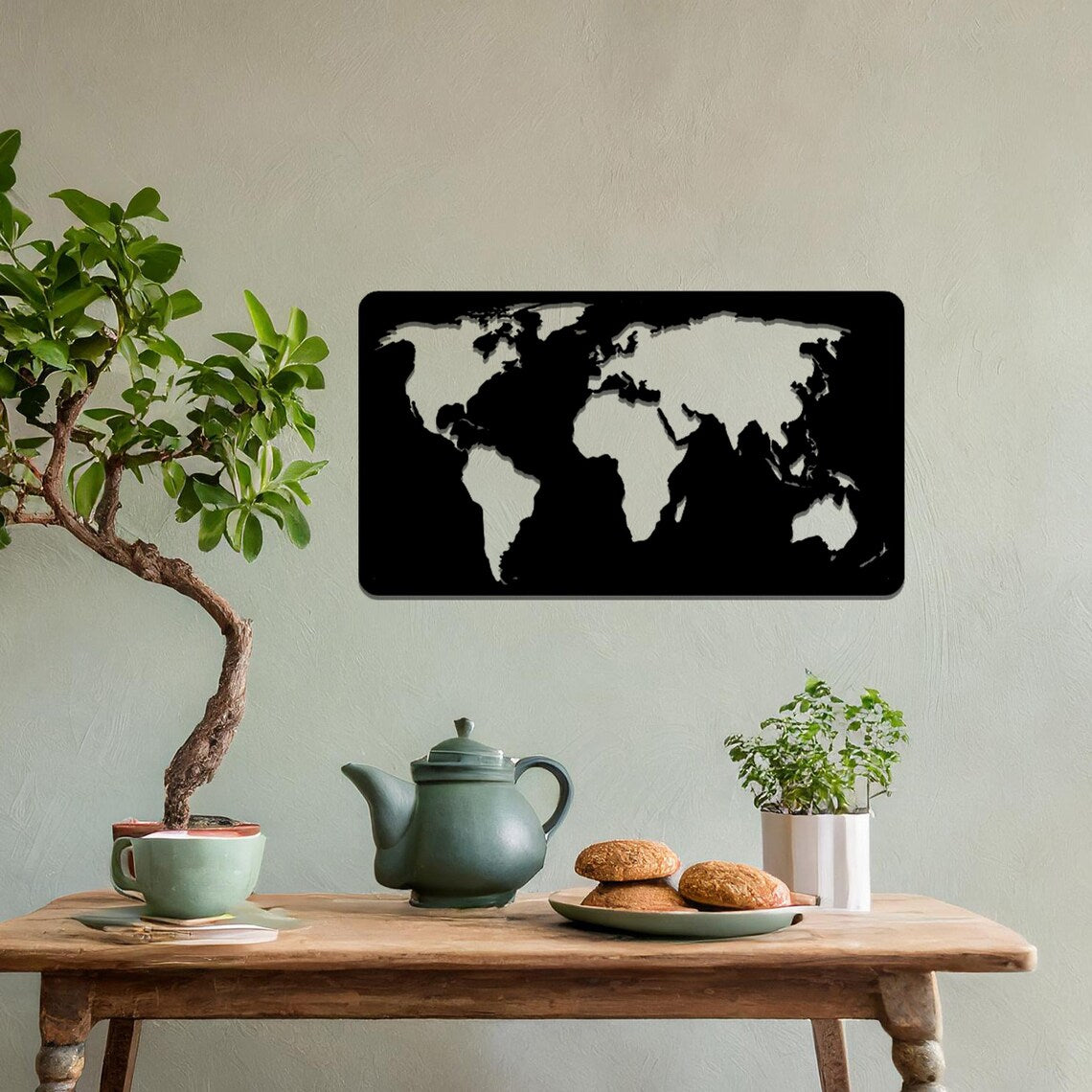 Metal World Map: Contemporary Rectangle Office or Modern Home Decor