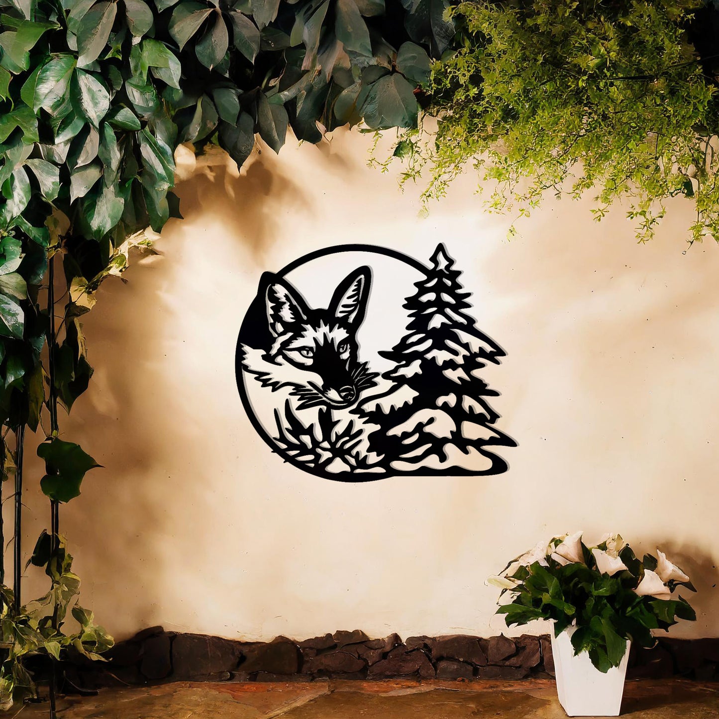 Fox and Pine Trees Metal Wall Art - Rustic Woodland Decor Gift