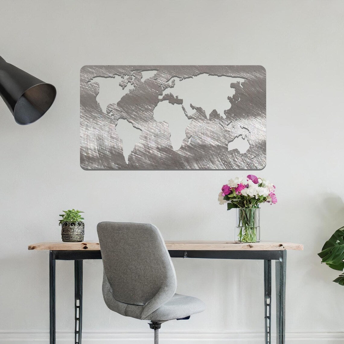 Metal World Map: Contemporary Rectangle Office or Modern Home Decor