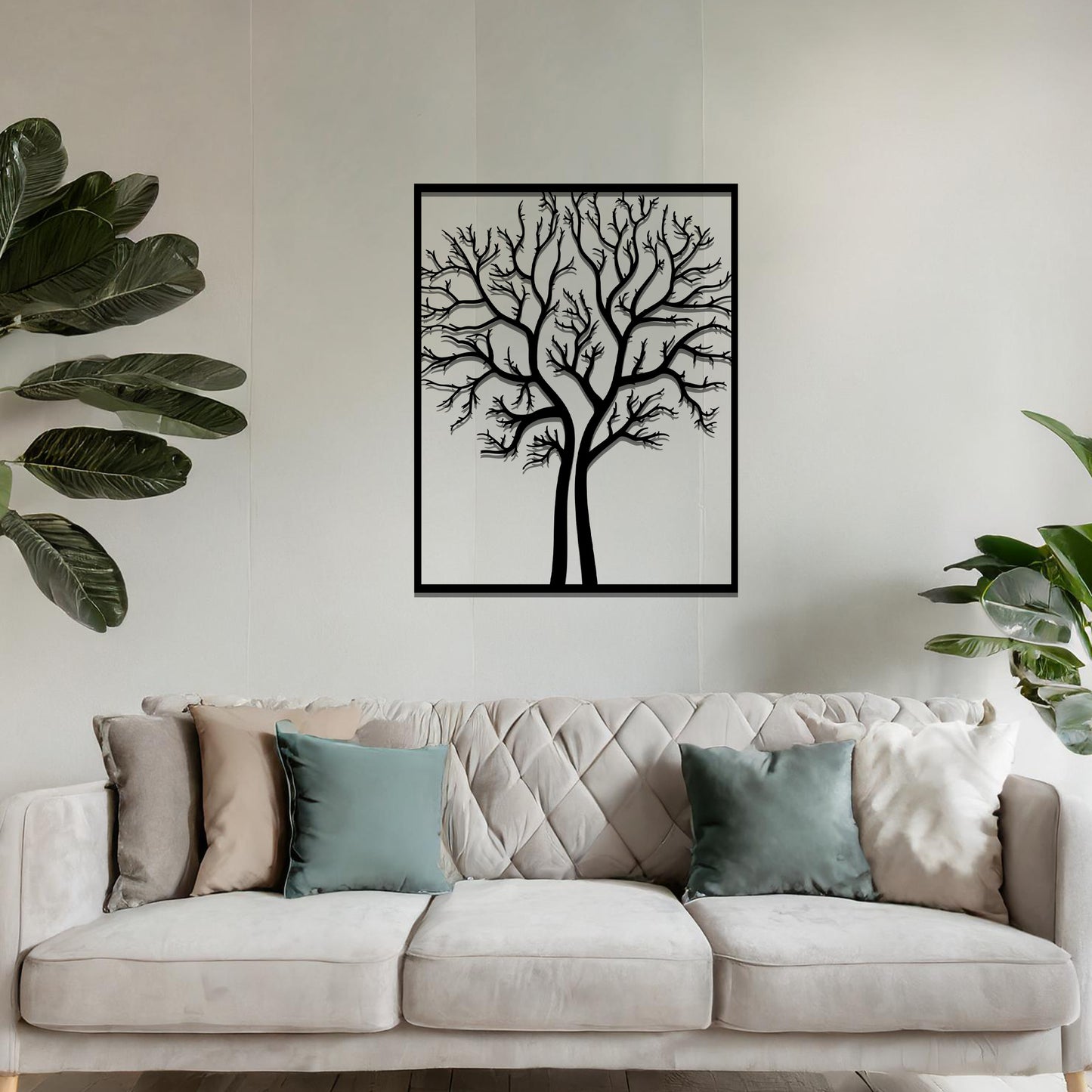 Metal Tree of Life in Frame Hanging Modern Steel Wall Art Sculpture Decor