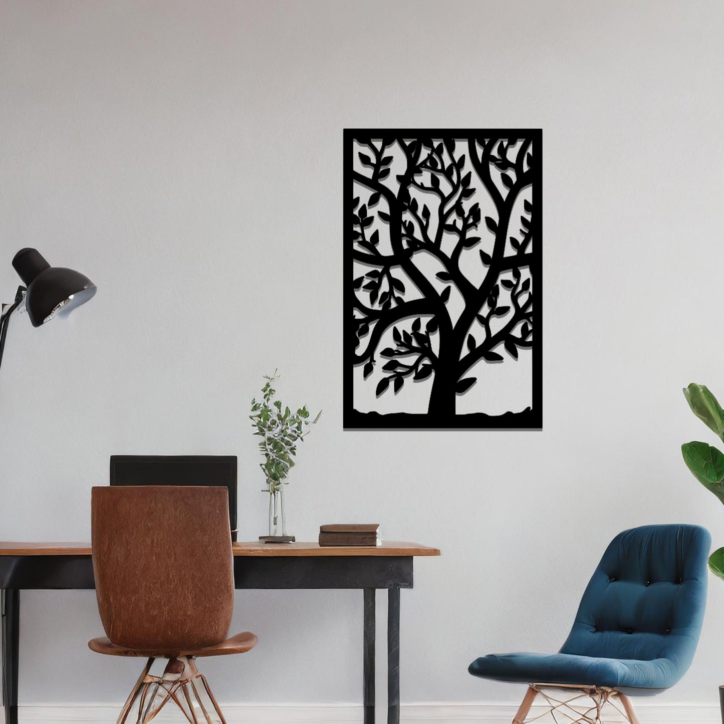 Elegant Metal Tree Wall Art Hanging Decor: Lush Leaves in Rectangle Frame