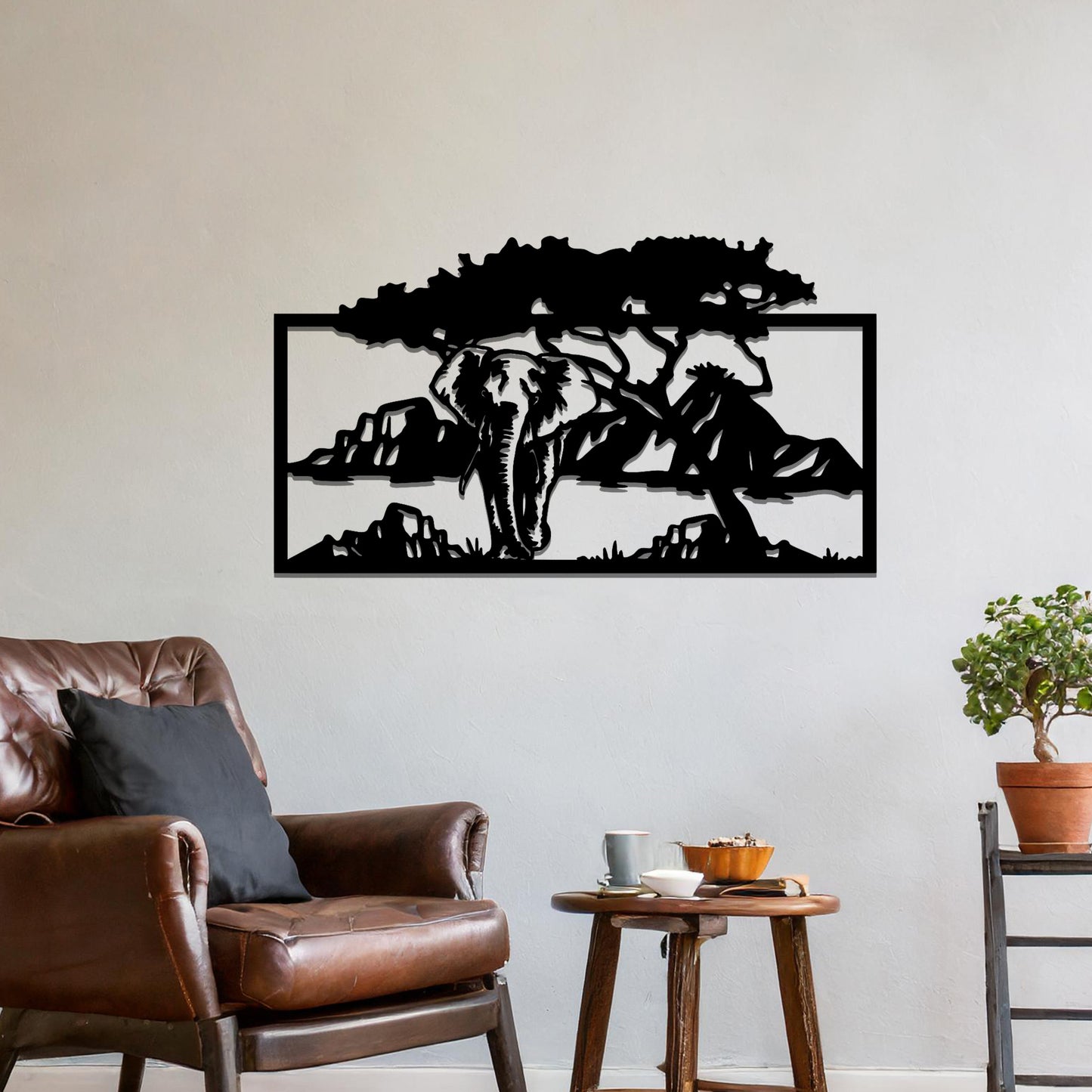 African Elephant Metal Wall Art: Contemporary Tree Silhouette Decor