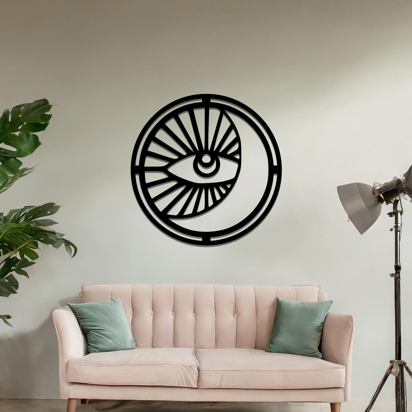 Geometric Moon and Sun Wall Art: Modern Celestial Decor in Circular Frame