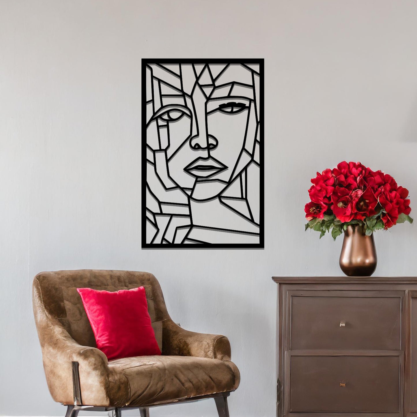 Geometric Face Metal Hanging Wall Art: Abstract Portrait for Modern Decor