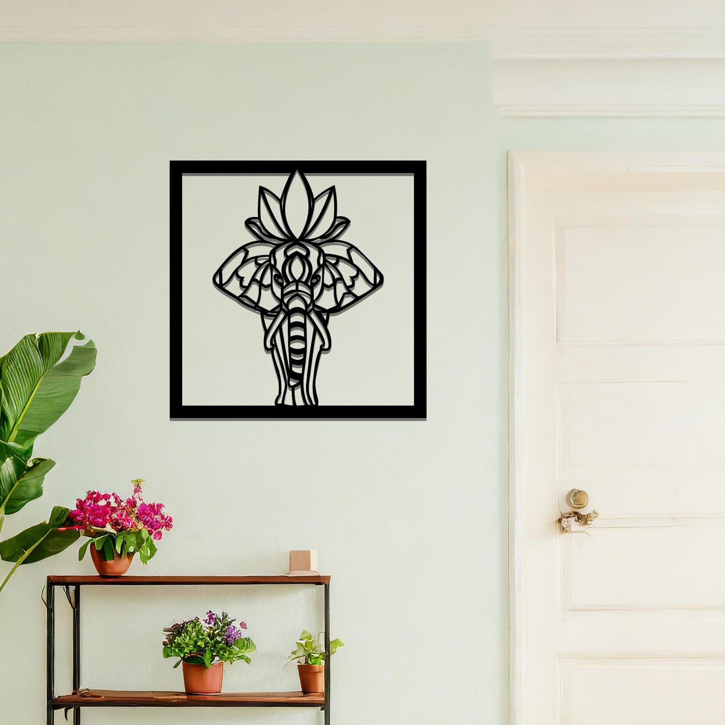 Hindu Elephant Framed Metal Wall Art: Serene Spiritual Decor