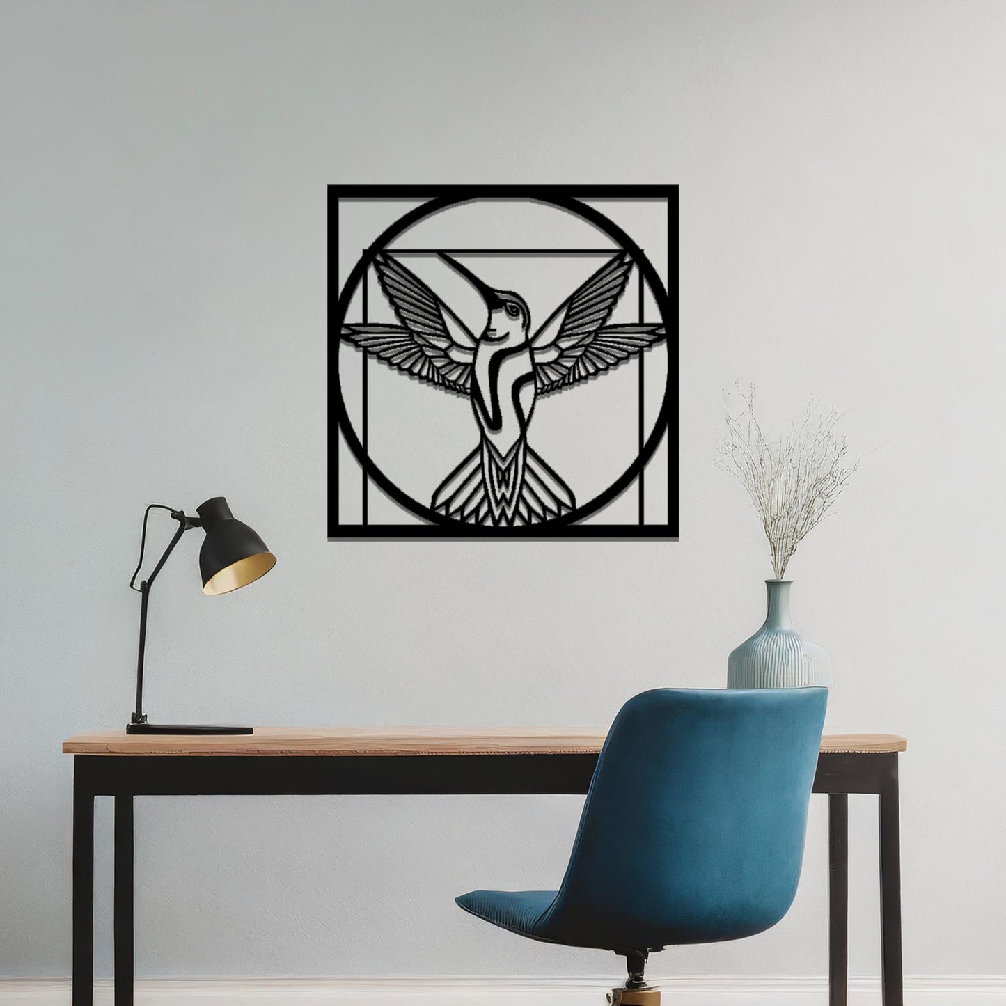 Geometric Hummingbird Metal Wall Art - Modern Square Frame Decor