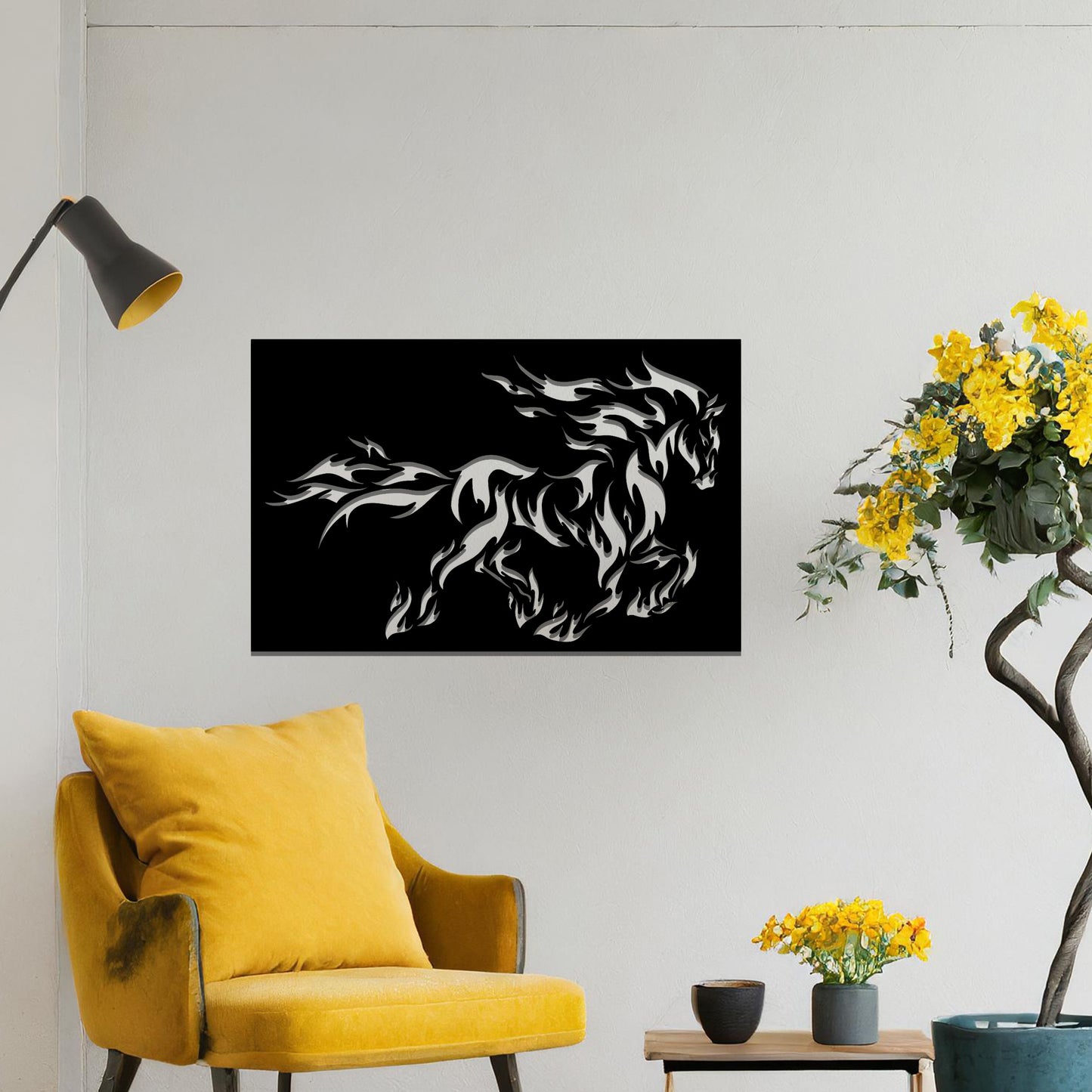 Flaming Metal Horse Hanging Wall Art: Fiery Steed of Power and Freedom