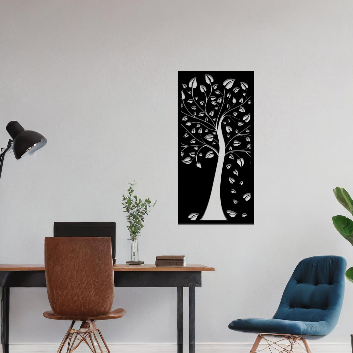 Tree Silhouette Metal Wall Art Decor: Captivating Leaf Cutouts in Frame