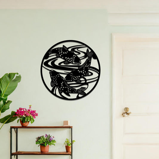 Modern Metal Koi Fish Wall Art: Elegant Trio Swimming in Frame