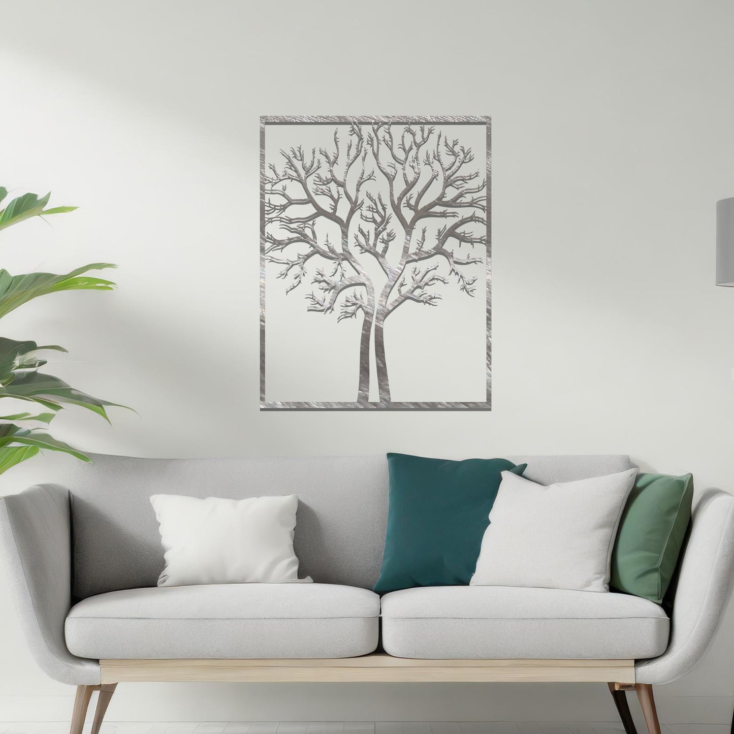 Metal Tree of Life in Frame Hanging Modern Steel Wall Art Sculpture Decor