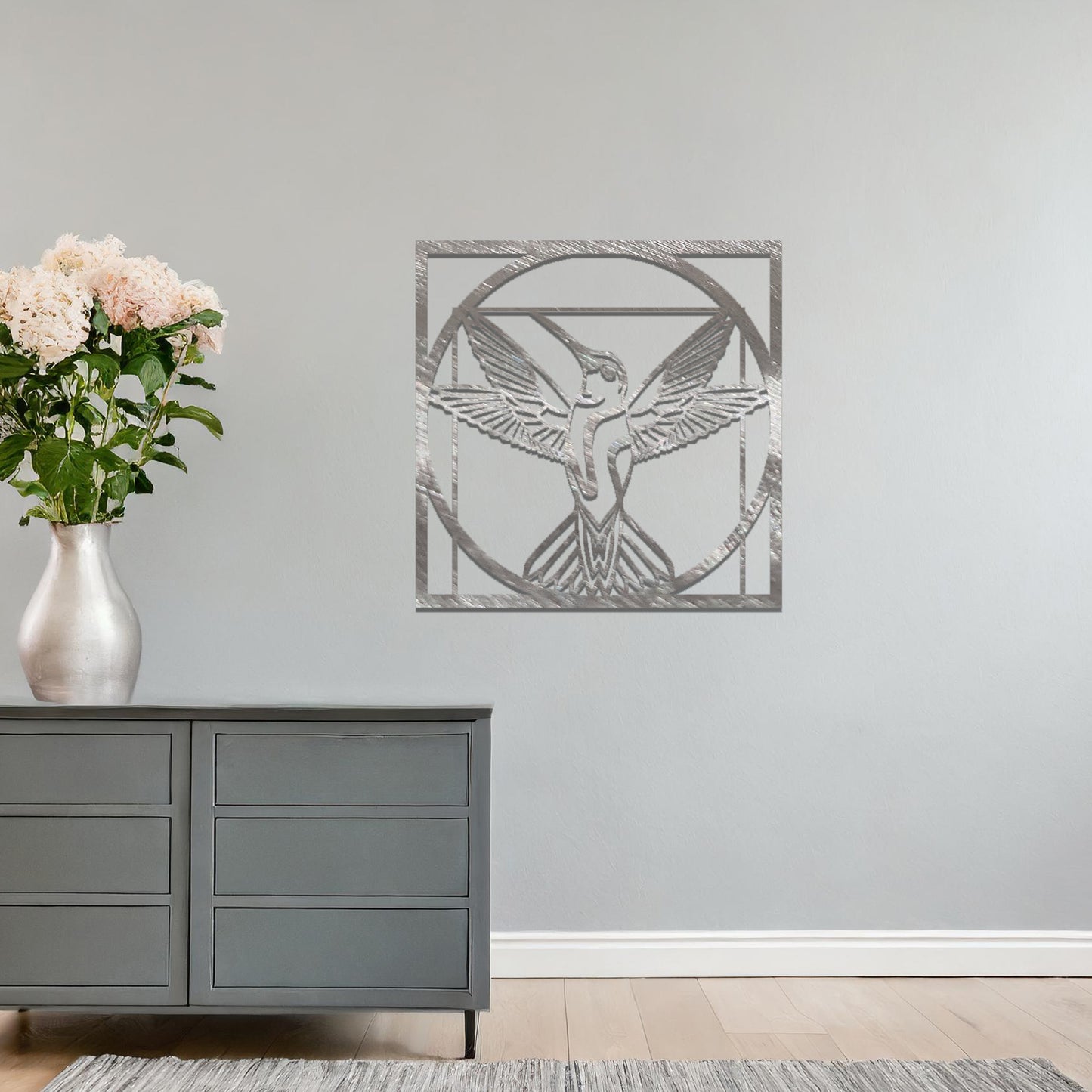 Geometric Hummingbird Metal Wall Art - Modern Square Frame Decor