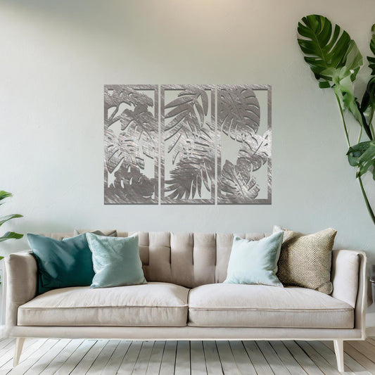 Metal Leaves Wall Art 3 Panelled Contemporary Home Decoration Wall Art