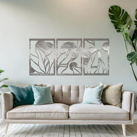 Modern Trio of Leaves Metal Panels: Elegant Contemporary Wall Art