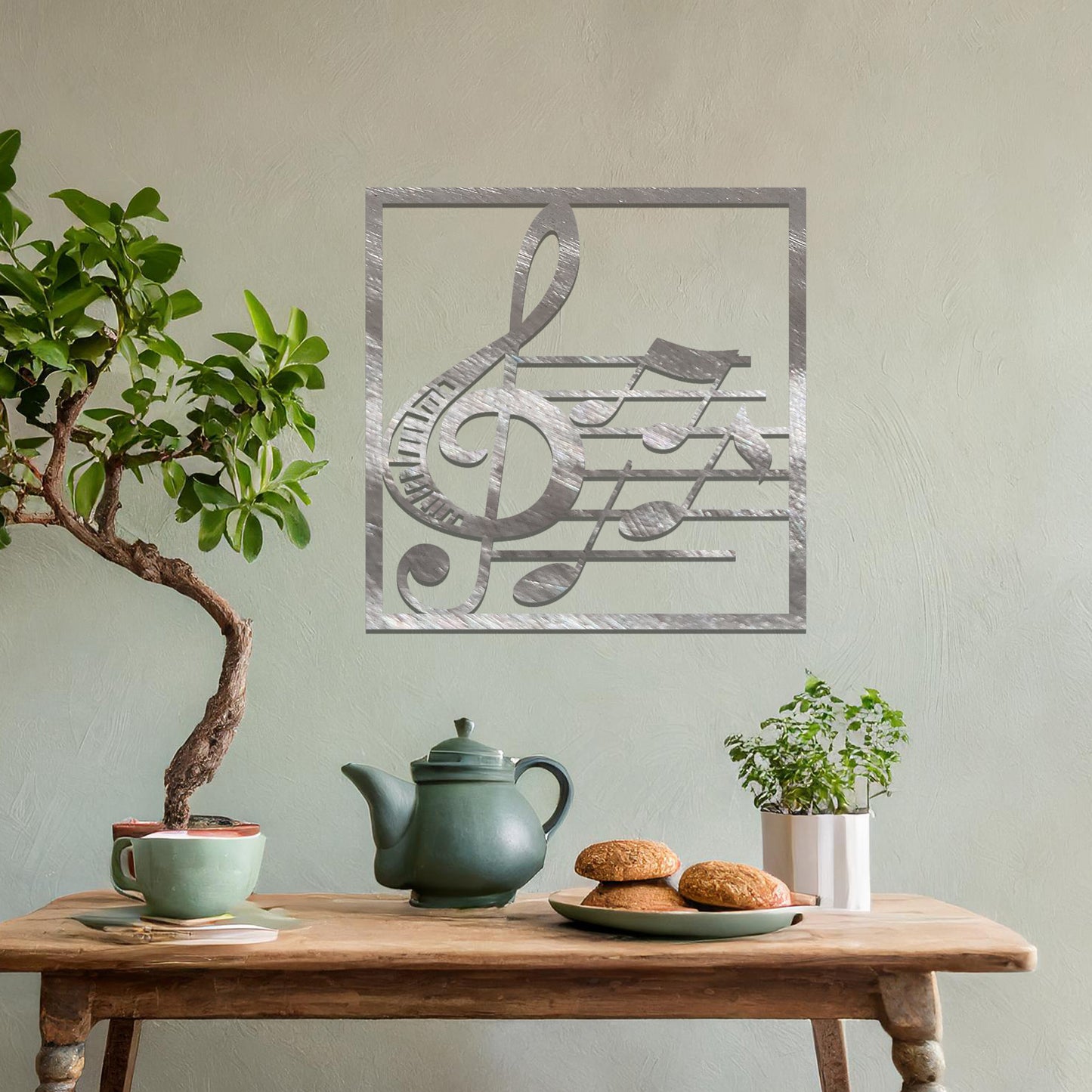 Metal Treble Clef and Notes: Square Framed Contemporary Wall Art