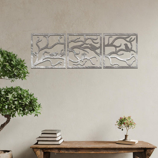 Abstract Wildlife Triptych Metal Wall Art: Birds and Branches Wall Hanging Decor