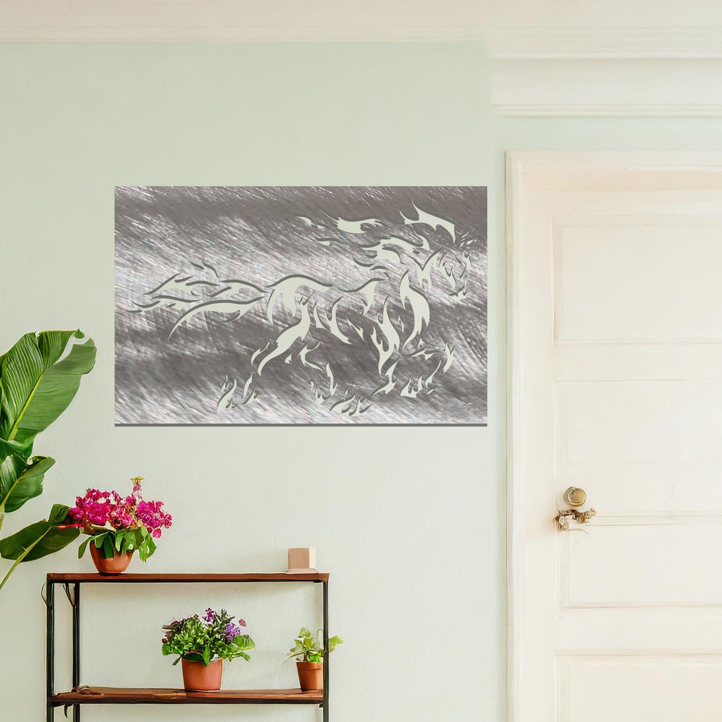 Flaming Metal Horse Hanging Wall Art: Fiery Steed of Power and Freedom