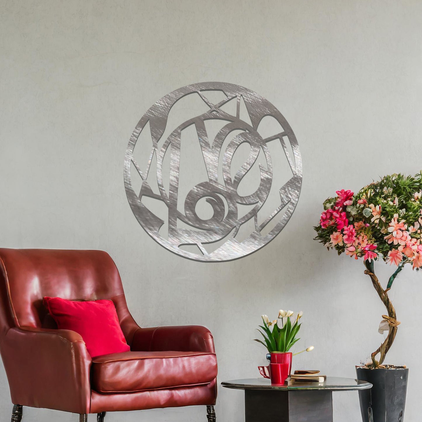 Geometric Love Sign Metal Wall Art - Modern Circular Frame Design for Bedroom