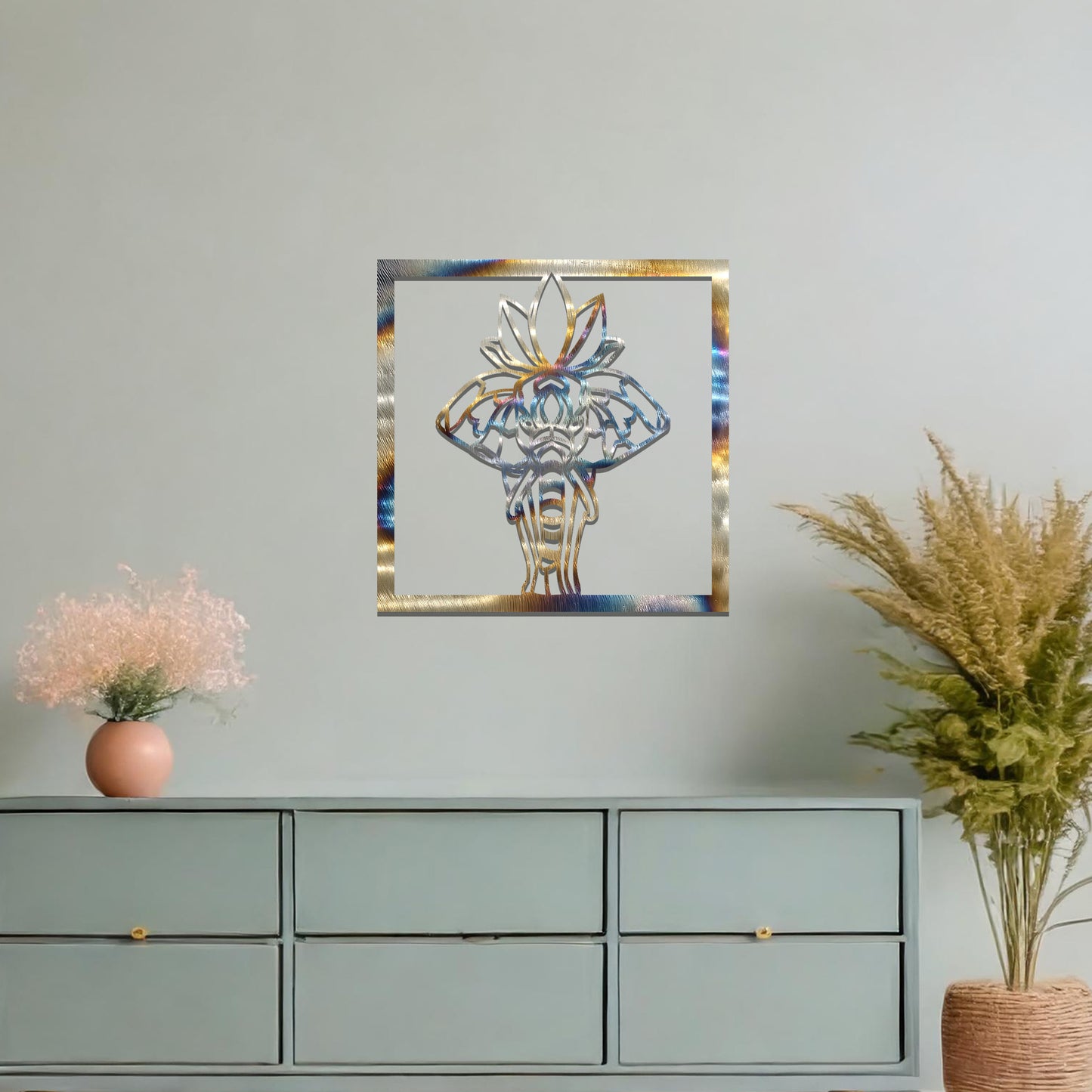 Hindu Elephant Framed Metal Wall Art: Serene Spiritual Decor