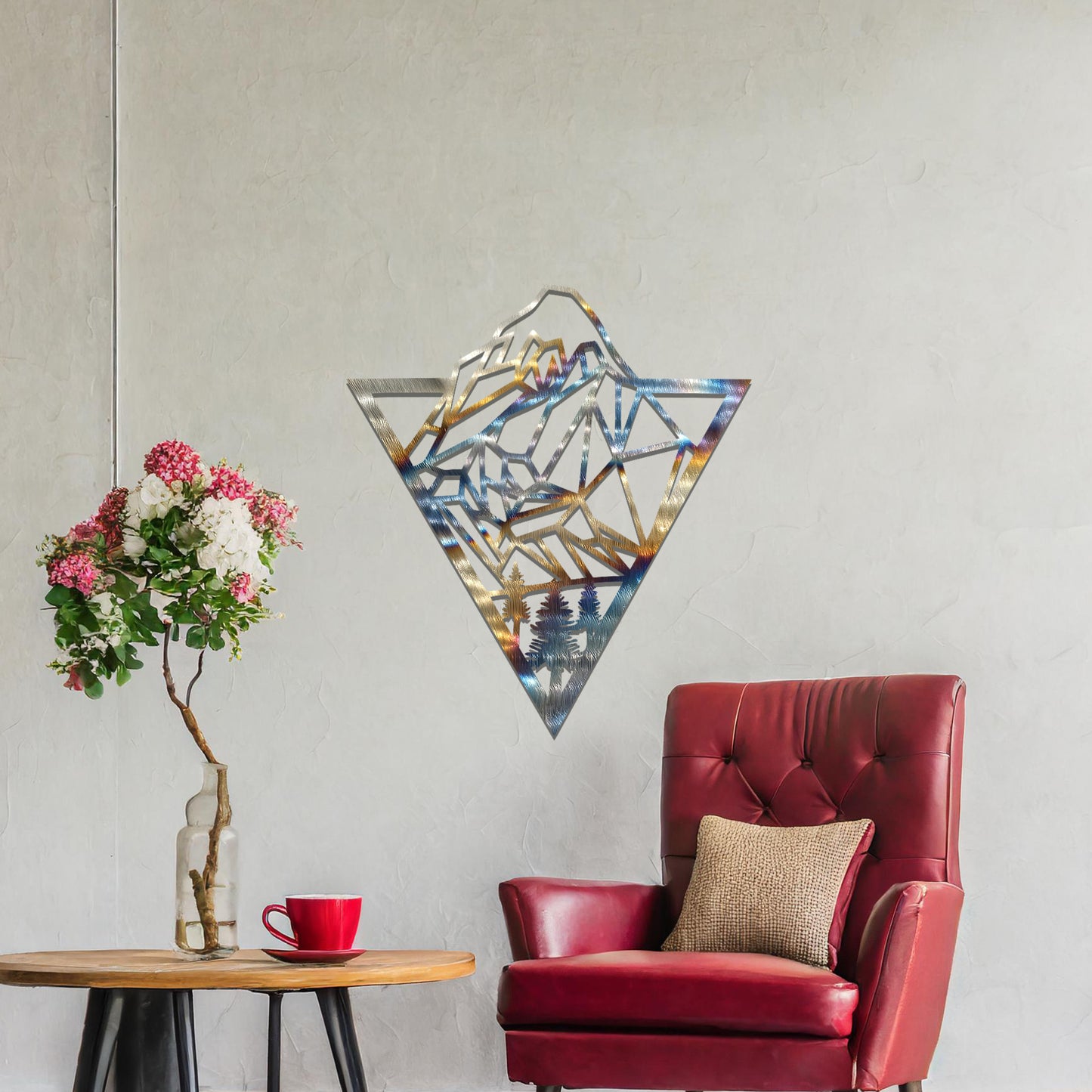 Geometric Mountain and Forest Metal Wall Art: Triangular Contemporary Decor