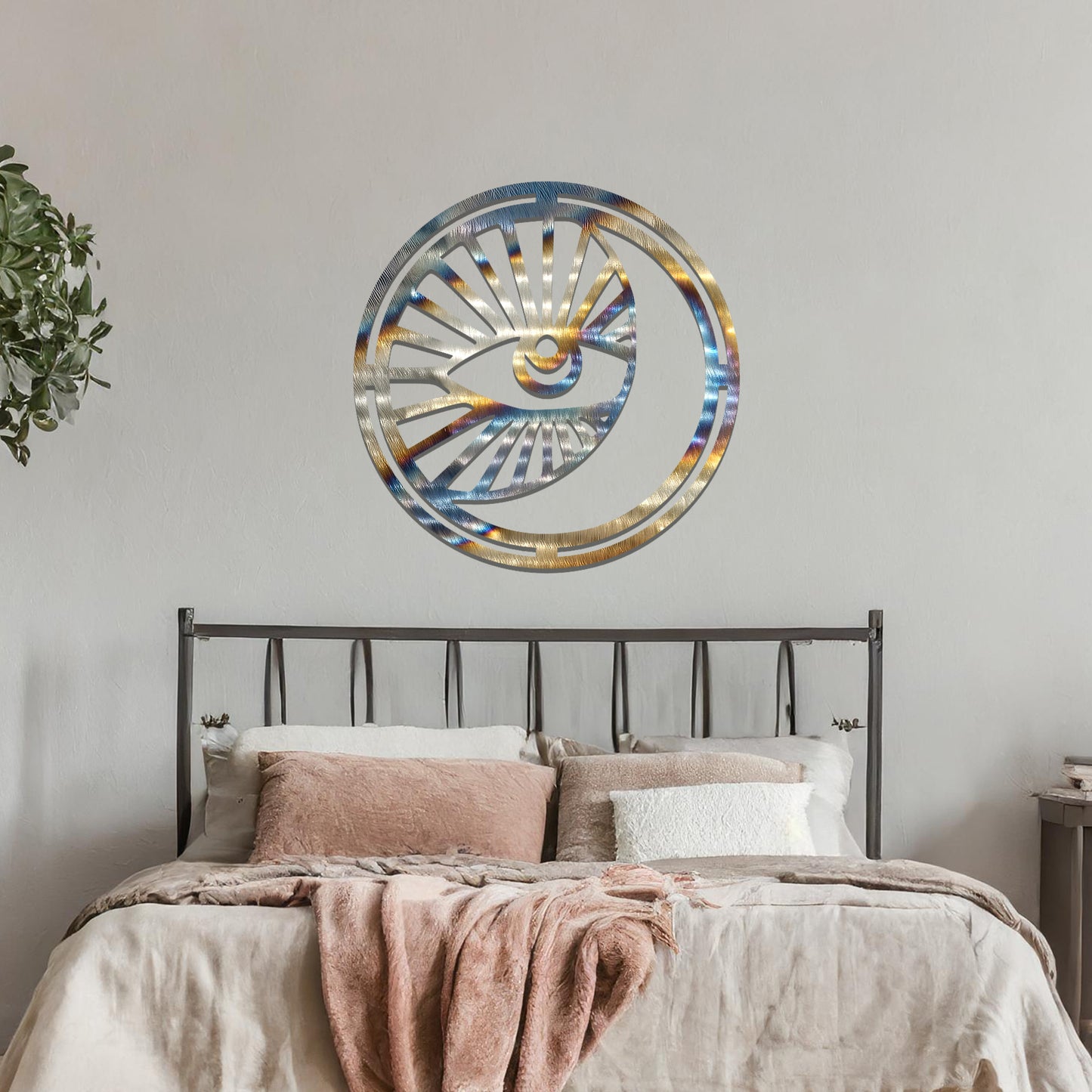 Geometric Moon and Sun Wall Art: Modern Celestial Decor in Circular Frame