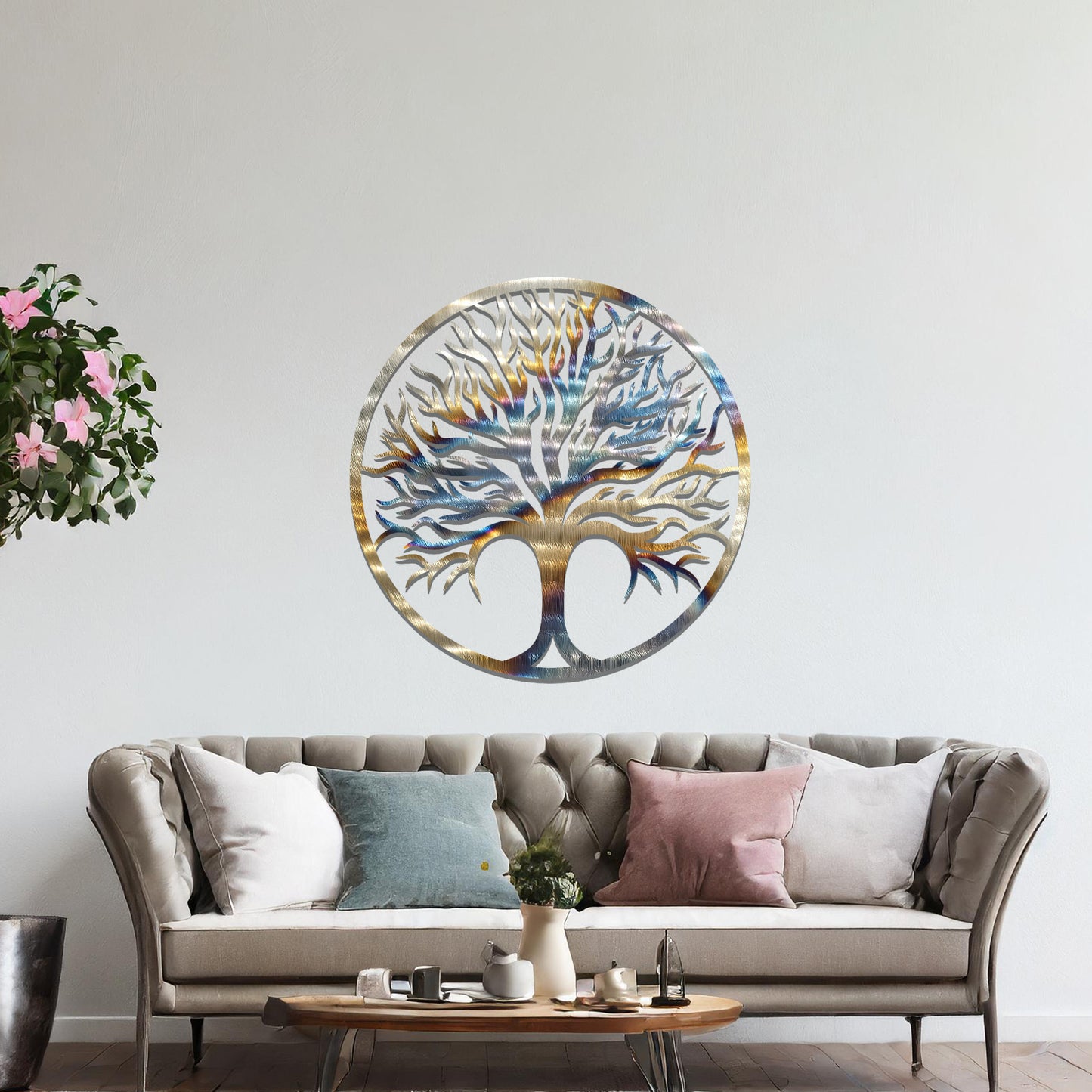 Radiant Tree of Life Metal Wall Art: Elegant Metal Sculpture Circular Nature Design