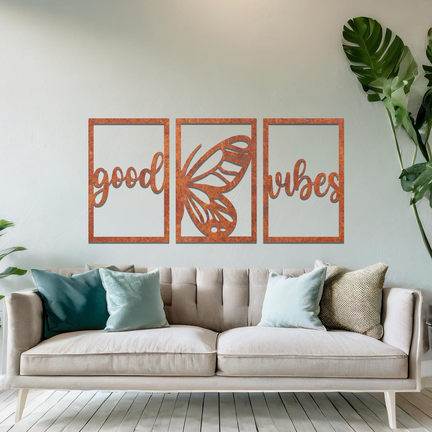 Good Vibes Metal Wall Art Set - Modern 3 Panels with Butterfly Design