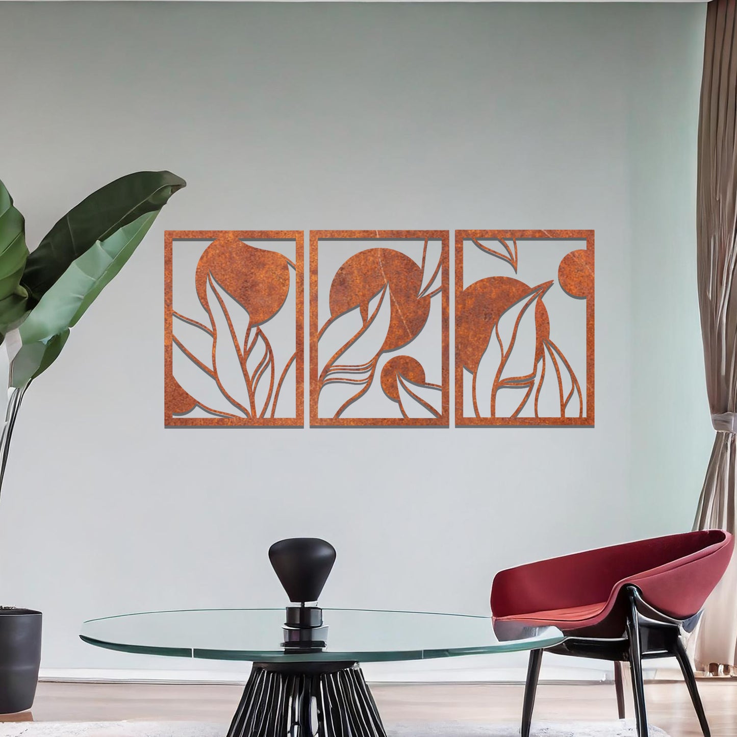 Modern Trio of Leaves Metal Panels: Elegant Contemporary Wall Art