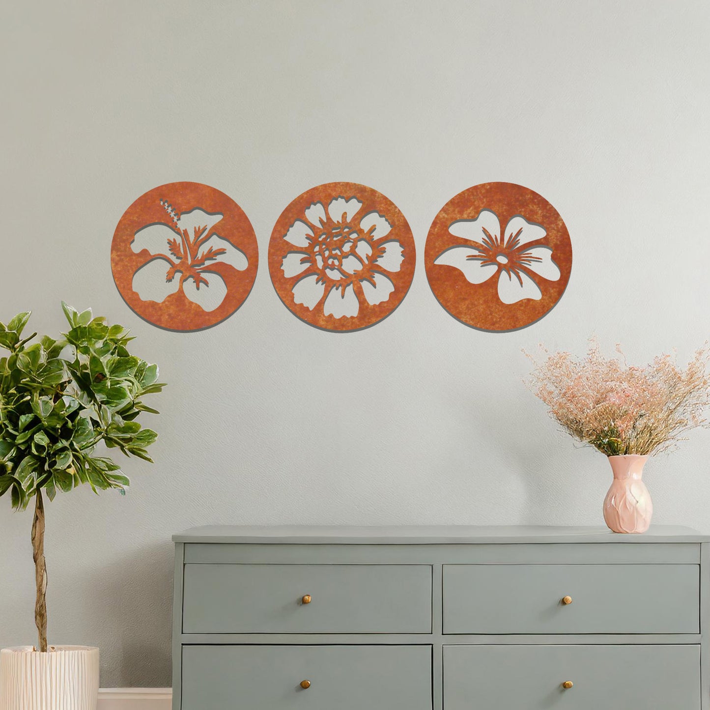 Round Flower Panels Metal Wall Art: Set of 3 for Modern Decor, Unique Gift Idea