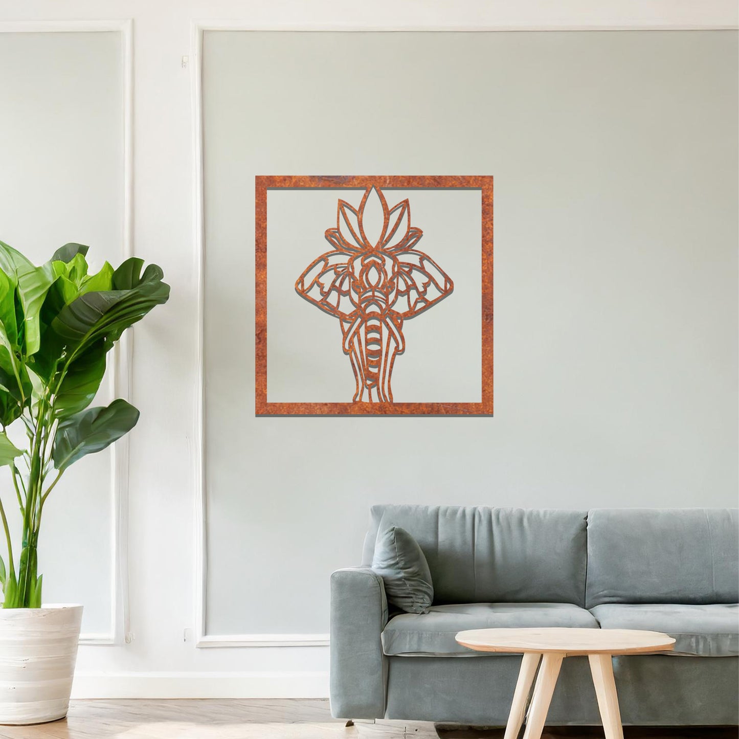 Hindu Elephant Framed Metal Wall Art: Serene Spiritual Decor