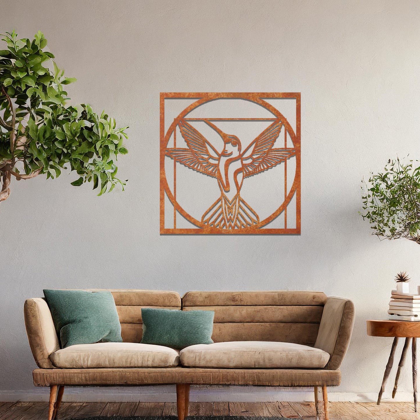 Geometric Hummingbird Metal Wall Art - Modern Square Frame Decor