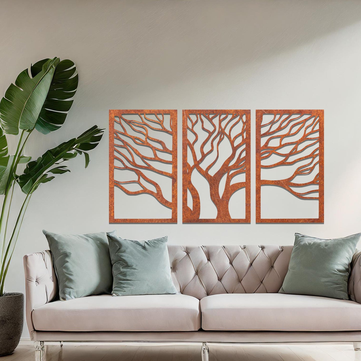 Tree Silhouette Triptych Metal Hanging Wall Art: Contemporary Tree of Life Decor Set