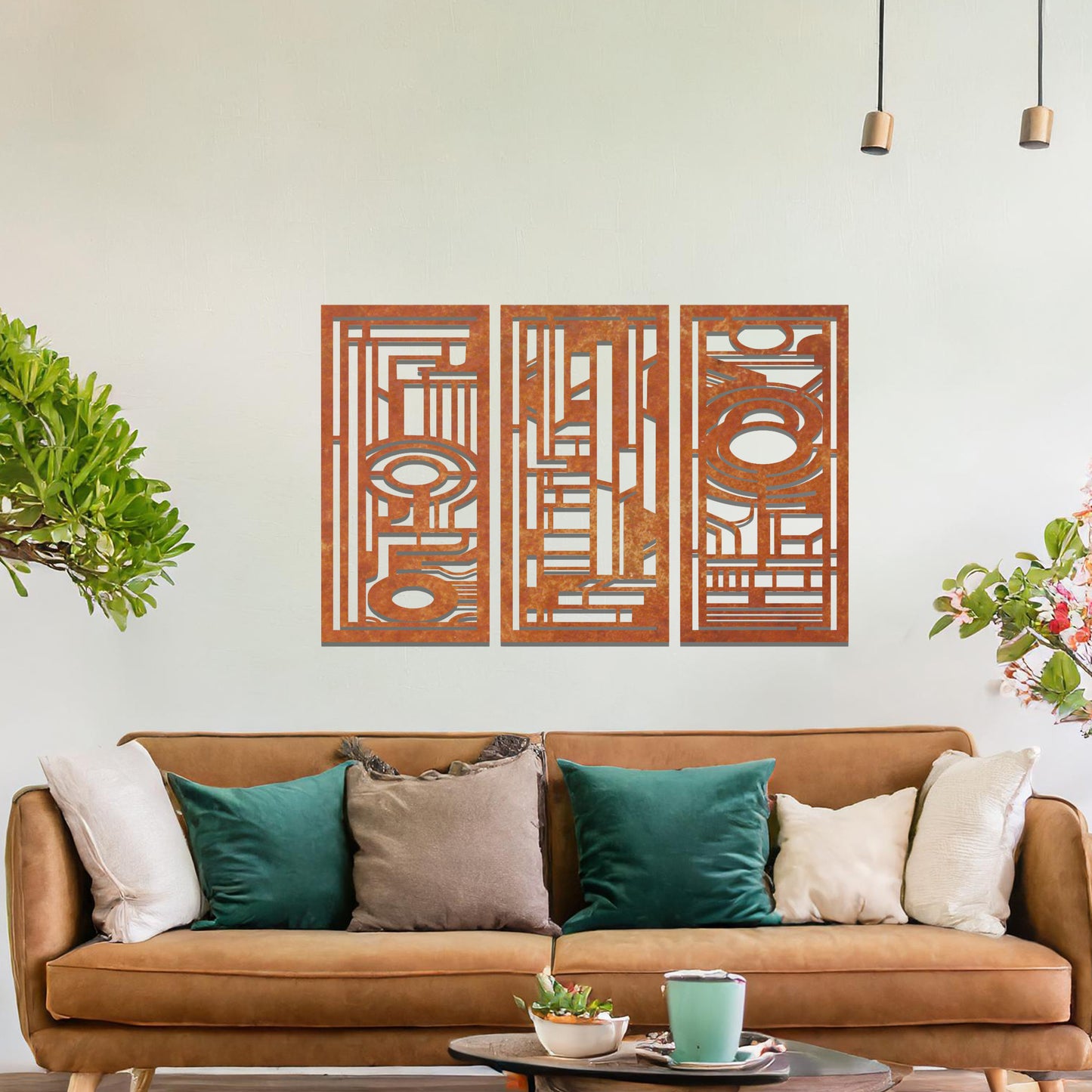 Art Deco Triptych Metal Panels Set: Futuristic Geometric Hanging Home Decor