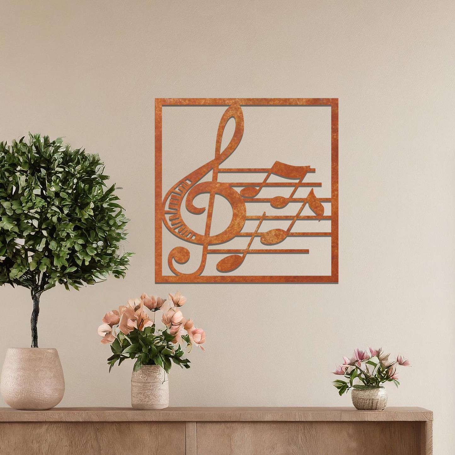 Metal Treble Clef and Notes: Square Framed Contemporary Wall Art