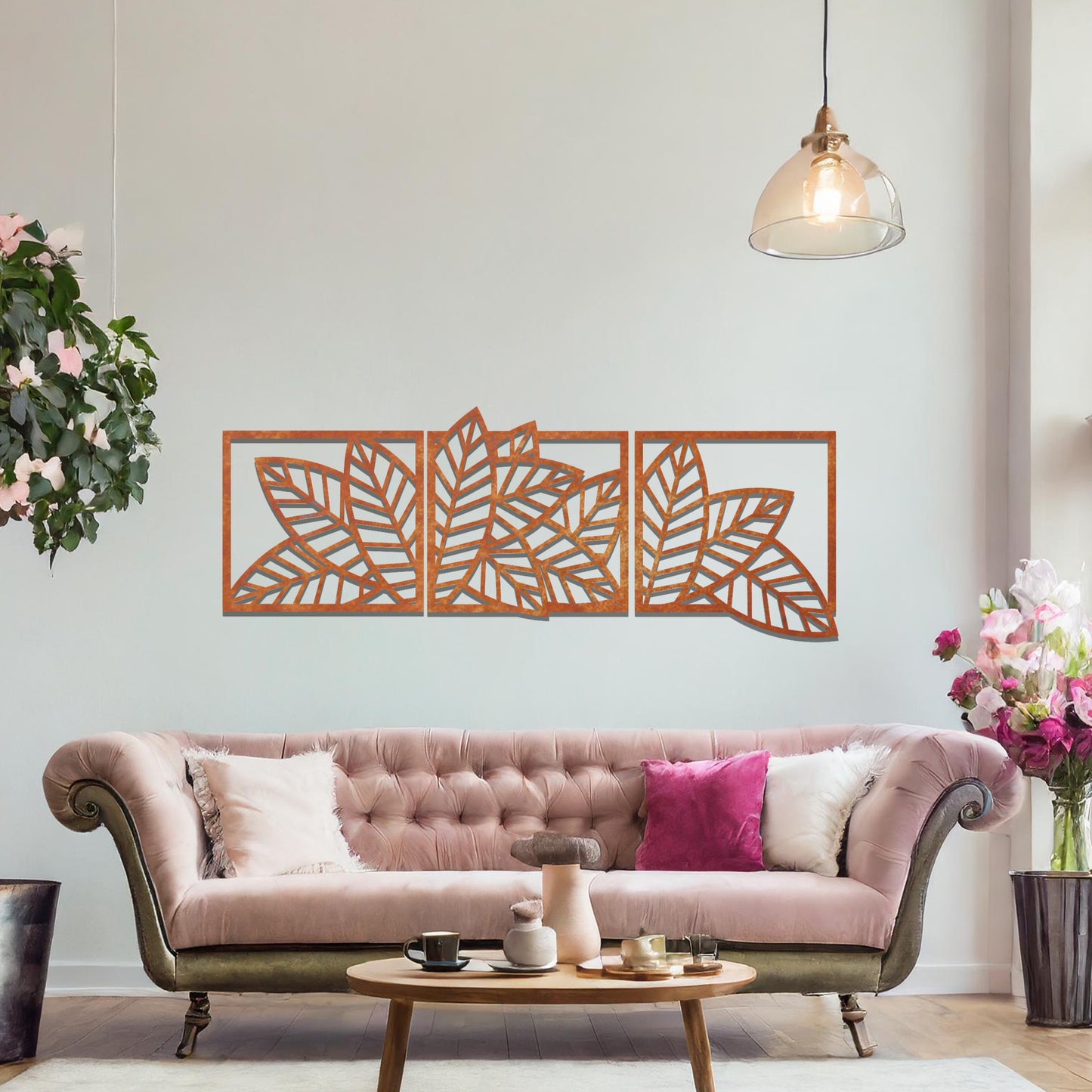 Metal Leaf Wall Art 3 Panelled Hanging Modern Contemporary Living Room Decor