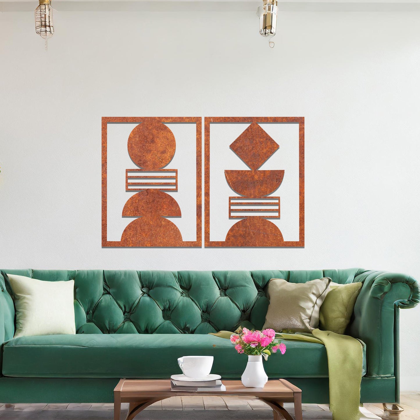 Twin Metal Panel Wall Art: Up and Down Geometric Contemporary Hanging Decor