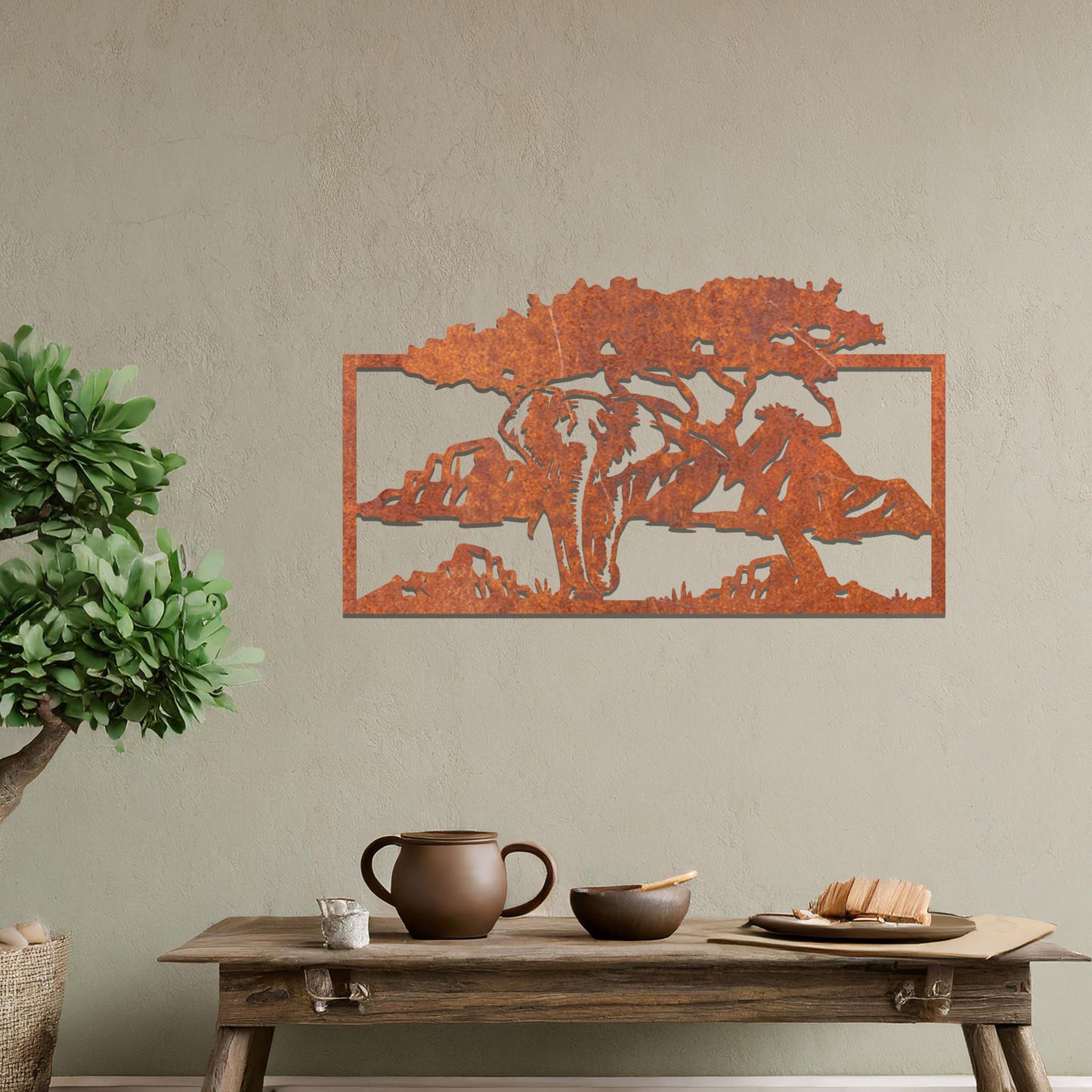 African Elephant Metal Wall Art: Contemporary Tree Silhouette Decor