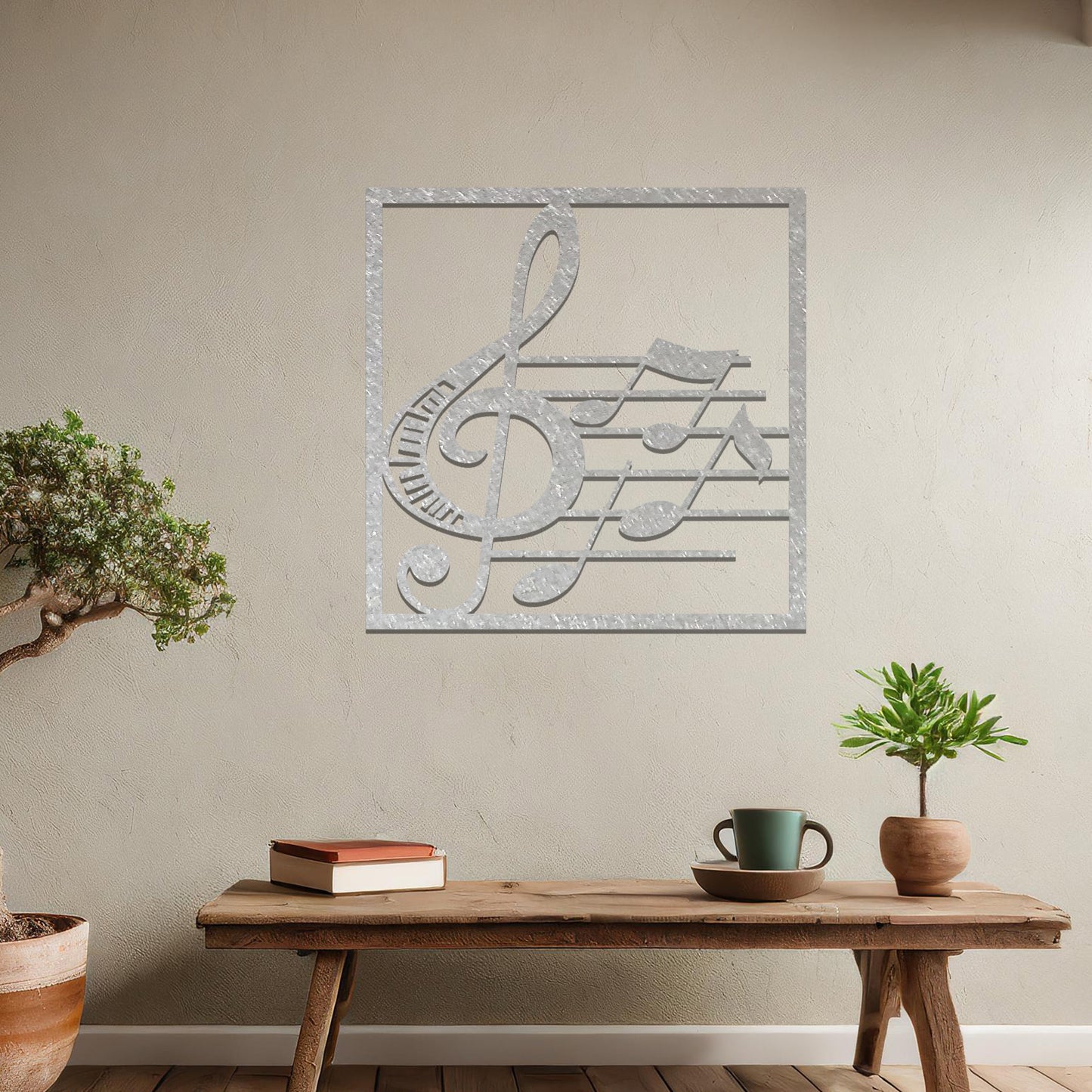 Metal Treble Clef and Notes: Square Framed Contemporary Wall Art