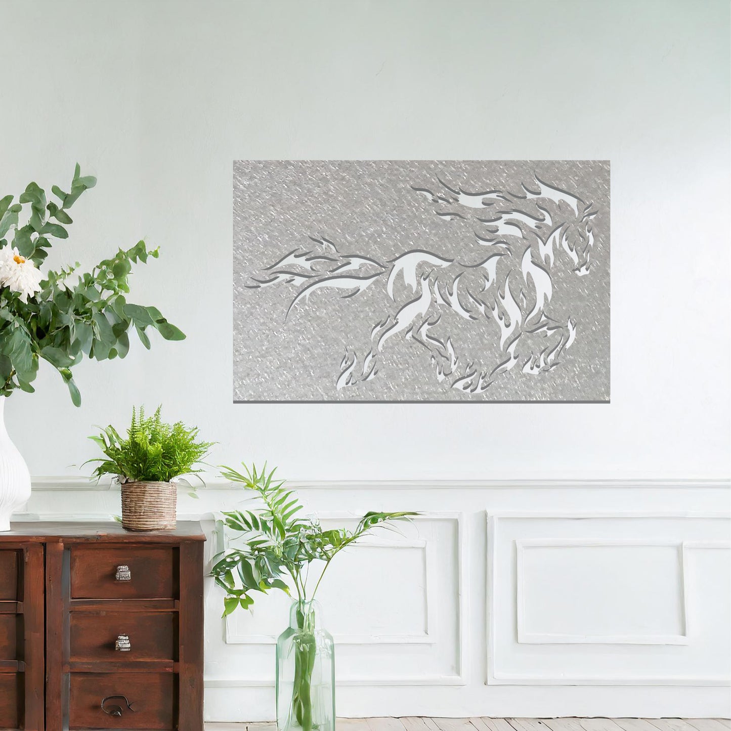 Flaming Metal Horse Hanging Wall Art: Fiery Steed of Power and Freedom